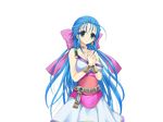  blue_eyes blue_hair breasts cleavage collarbone dragon_quest dragon_quest_v dress earrings female flora hair_ribbon jewelry kumatora_tatsumi large_breasts legs long_hair looking_at_viewer ribbon simple_background smile solo standing thighs white_background 