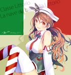  bare_shoulders breasts brown_eyes brown_hair character_name corset dated detached_sleeves flag_background hat italian italian_flag jpeg_artifacts kantai_collection large_breasts littorio_(kantai_collection) long_hair necktie ponytail smile solo tebi_(tbd11) thighhighs wavy_hair white_legwear 