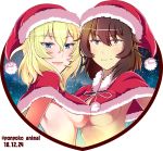  2girls andou_(girls_und_panzer) blonde_hair blue_eyes blush breast_press breasts brown_eyes brown_hair christmas girls_und_panzer hat large_breasts looking_at_viewer multiple_girls no_bra open_mouth oshida_(girls_und_panzer) ranka_(yachou_no_kai) santa_costume santa_hat short_hair smile snow snowing symmetrical_docking tan underboob 