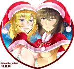  2girls andou_(girls_und_panzer) blonde_hair blue_eyes blush breast_press breasts brown_eyes brown_hair christmas girls_und_panzer hat large_breasts looking_at_viewer multiple_girls no_bra open_mouth oshida_(girls_und_panzer) ranka_(yachou_no_kai) santa_costume santa_hat short_hair smile snow snowing symmetrical_docking tan underboob 