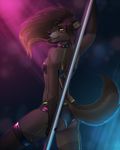  2015 amber_eyes anthro bra canine clothing club collar dancing female legwear lingerie looking_at_viewer mammal nightclub notched_ear pole pole_dancer pole_dancing scar shorts smile solo stockings underwear weapon wolf wyla wyla_(character) 