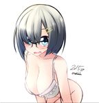  bad_id bad_pixiv_id bespectacled blue_eyes blush bottomless bra breasts cleavage collarbone dated frilled_bra frills glasses hair_ornament hairclip hamakaze_(kantai_collection) hanging_breasts kantai_collection large_breasts leaning_forward looking_at_viewer nekobaka no_panties open_mouth short_hair simple_background sketch solo strap_gap twitter_username underwear underwear_only upper_body white_background white_bra white_hair 