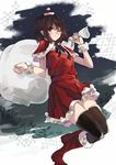  blush boots brown_hair fur_boots hat ken_(coffee_michikusa) knee_boots looking_at_viewer one_eye_closed pointy_ears red_eyes red_footwear santa_boots santa_costume shameimaru_aya short_hair skirt smile solo thighhighs touhou wrist_cuffs 