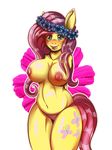  2015 alpha_channel anthro anthrofied areola big_breasts blush breasts clothing cutie_mark equine female fluttershy_(mlp) friendship_is_magic hair horse long_hair lovepuma69 mammal my_little_pony navel nipples panties pink_hair plain_background pony smile solo transparent_background underwear 