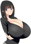  1girl black_hair blue_eyes breasts cleavage female gigantic_breasts huge_breasts kloah looking_at_viewer purple_eyes simple_background smile solo upper_body white_background 