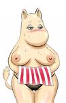  apron blush breasts clothing dress dress_lift female lingerie moomin moominmamma orca_(artist) plain_background solo standing sweat the_moomins underwear 
