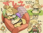  animal_crossing blonde_hair canine chubby dog eating eyes_closed female fur hair isabelle_(animal_crossing) japanese_text kemono mammal nintendo overweight sleeping stuck text translation_request video_games yellow_fur 宇月まいと 
