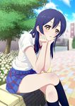  arm_support bad_id bad_pixiv_id bangs blue_hair blush bow bowtie cowengium crossed_legs dress_shirt elbows_on_knees eyebrows_visible_through_hair flower hair_between_eyes highres long_hair looking_at_viewer love_live! love_live!_school_idol_project otonokizaka_school_uniform plaid plaid_skirt pleated_skirt red_neckwear school_uniform shirt short_sleeves sitting skirt smile solo sonoda_umi striped striped_neckwear tree white_shirt yellow_eyes 