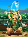  1boy bandage belt bird blonde_hair blue_eyes blue_sky boots bottle broken_pot bushes chicken cucco dirty feathers hat highres injury link nintendo pointy_ears ronindude sky smile solo_focus strap sword the_legend_of_zelda young_link 