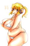  bad_id bad_pixiv_id belly bikini blonde_hair breast_hold breasts cleavage front-tie_bikini front-tie_top headphones highres huge_breasts ichigoneko jewelry long_hair looking_at_viewer micro_bikini necklace nitroplus orange_eyes plump side-tie_bikini solo star star_necklace strap_gap super_pochaco swimsuit thick_thighs thighs twintails underboob v white_swimsuit wide_hips 