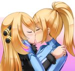  black_dress blonde_hair blush bodysuit closed_eyes crossover dress from_side fur_trim gradient gradient_background hair_ribbon kiss long_hair long_sleeves metroid multiple_girls pink_background pokemon pokemon_(game) pokemon_dppt ponytail profile razorkun red_ribbon ribbon samus_aran shirona_(pokemon) short_hair simple_background upper_body yuri zero_suit 