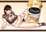  aya:hito belly between_breasts breasts brown_eyes brown_hair cleavage cleavage_cutout covered_nipples crop_top drinking_straw food full_body g-string high_heels highres large_breasts lips looking_at_viewer lying navel nose on_side original panties plump product_placement pudding pulled_by_self sandals short_hair skindentation solo thick_thighs thighs thong toes underwear 