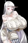  bare_shoulders bent_over breasts claws cleavage dress frown gigantic_breasts highres horn kantai_collection kloah long_hair open_mouth pale_skin red_eyes scarf seaport_hime shinkaisei-kan short_dress solo striped striped_scarf sweater sweater_dress triangle_mouth very_long_hair white_hair 