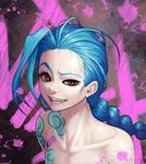  1girl blue_hair braid character_name gonster grin hairline jinx_(league_of_legends) league_of_legends long_hair red_eyes smile solo tattoo topless upper_body 