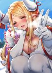 1girl bangs blonde_hair blush breasts choker cleavage dark_skin draph elbow_gloves fur_trim gloves granblue_fantasy horns kuvira_(granblue_fantasy) large_breasts long_hair looking_at_viewer mushi024 open_mouth outdoors parted_bangs pointy_ears snow solo squatting thighhighs translation_request v white_gloves white_legwear yellow_eyes 