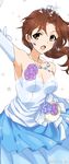  bare_shoulders breasts brown_eyes brown_hair cleavage detached_sleeves dress earrings flower gown idolmaster idolmaster_cinderella_girls jewelry kawashima_mizuki long_hair medium_breasts mizuki_makoto necklace rose solo sparkle strapless strapless_dress tiara 