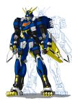  1boy blade_liger claws commentary fangs full_body fusion g_gundam god_gundam gundam kevinayama lion mecha mechanical_pencil mechanization no_humans orange_eyes pencil personification solo standing super_robot sword traditional_media translation_request weapon zoids zoids_chaotic_century zoom_layer 