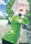  adjusting_hair androgynous bike_shorts blue_eyes blush commentary_request hane_yoshiyumi highres hood hooded_jacket jacket looking_at_viewer male_focus shorts silver_hair smile solo sweatband totsuka_saika yahari_ore_no_seishun_lovecome_wa_machigatteiru. 