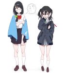  2girls bangs black_hair black_skirt blanket blue_eyes bow hassu idolmaster idolmaster_cinderella_girls jacket kuro293939_(rasberry) long_hair low-tied_long_hair multiple_girls necktie pleated_skirt red_bow scrunchie sharp_teeth short_sleeves skirt sleeves_past_wrists socks ssss.gridman sunazuka_akira surgical_mask teeth trait_connection twintails white_background white_legwear 