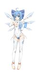  &gt;:( ahoge alternate_costume angry anklet bad_id bad_pixiv_id bangs bare_shoulders barefoot blue_eyes blue_hair blush bow breasts bridal_gauntlets cirno covered_navel facial_mark feet frown full_body gloves hair_bow halterneck hand_on_headphones headset highres hips holding ice ice_wings jewelry leotard looking_at_viewer mechanical_wings mismatched_gloves ootsuki_momiji partly_fingerless_gloves short_hair simple_background small_breasts solo standing thighhighs toeless_legwear touhou touhou_ayaria_epic turtleneck underboob underboob_cutout v-shaped_eyebrows visor white_background white_legwear wings 