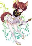  animal_ears braid brown_hair dog_ears dress elin_(tera) gloves highres horns long_hair mary_janes purple_eyes shoes smile solo soraeda tail tera_online thighhighs twin_braids twintails wand 