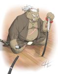  2019 absurd_res anthro belly boar brown_fur bulge chiubear0214 clothing fundoshi fur hi_res humanoid_hands japanese_clothing male mammal melee_weapon moobs navel overweight overweight_male porcine robe scar solo sword underwear weapon 
