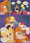  7nights bedroom big_breasts blonde_hair blush breasts carrot_top_(mlp) clothing comic date_night_(comic) derpy_hooves_(mlp) eyes_closed female female/female friendship_is_magic hair human humanized kissing mammal my_little_pony nervous orange_hair surprise 