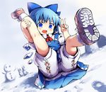  bloomers blue_dress blue_eyes blue_hair blush cirno dress fairy fang full_body hair_ornament hair_ribbon hakkotsu_shitai ice ice_wings legs_up looking_down open_mouth puffy_sleeves ribbon shoes short_hair short_sleeves sitting smile sneakers snow snowman socks solo touhou underwear upskirt v vest white_legwear wings 