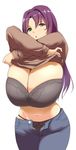  :o black_bra black_panties bra breasts cleavage curvy denim gigantic_breasts green_eyes highres jeans kloah long_hair looking_at_viewer navel open_clothes panties pants parted_lips purple_hair shirt_lift simple_background solo underwear undressing white_background 