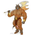  anthro axe barbarian belt biceps big_muscles brown_fur clothing equine fur horse loincloth male mammal muscles nipples pecs penis_slip precum solo stagor55 weapon wristgaurds 