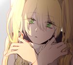  bad_id bad_pixiv_id bangs blonde_hair eyes_visible_through_hair green_eyes hands_on_own_knees kekkai_sensen long_hair looking_at_viewer solo twintails white_(kekkai_sensen) 