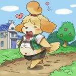  animal_crossing blonde_hair chubby eyes_closed female forest fur hair house isabelle_(animal_crossing) kemono nintendo open_mouth tree video_games walking yellow_fur 宇月まいと 