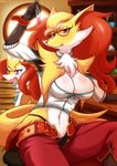  anthro anthrofied book bow bracelet braixen breasts cleavage clothed clothing collar delphox duo eyewear female glasses jewelry nintendo open_mouth pants pants_down pok&eacute;mon red_eyes scientist size_difference skykain sweat thong tongue tongue_out video_games 