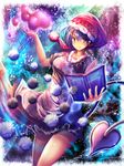  bad_id bad_pixiv_id black_skirt blue_eyes blue_hair book cuby_(dondoriansama) demon_tail doremy_sweet dream_soul hat highres multicolored multicolored_background short_hair skirt skirt_lift smile solo tail tapir_tail touhou 