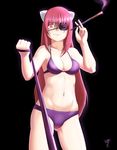  bikini black_background breasts cigar cigarette_holder cleavage commentary cowboy_shot elfen_lied english_commentary eyepatch femdom finalcake glowing glowing_eye horns leash long_hair looking_at_viewer medium_breasts navel pov purple_bikini purple_hair red_eyes ribbon smoking solo swimsuit 