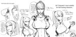  1girl annoyed artist_self-insert ass bdsm bodysuit breasts collage collarbone frown greyscale highres huge_breasts metroid monochrome nintendo open_mouth ponytail samus_aran skin_tight solo space_jin testicle_grab testicles text translated tsurime weapon zero_suit 