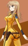  anchor_symbol artist_request ass bangs belt blue_eyes blush bodysuit breasts covered_nipples cowboy_shot from_behind from_side highres holster light_brown_hair light_smile long_hair looking_at_viewer looking_back loose_belt medium_breasts military military_uniform mori_yuki orange_bodysuit parted_bangs skin_tight smile solo turtleneck twisted_torso uchuu_senkan_yamato uchuu_senkan_yamato_2199 uniform yellow_bodysuit 