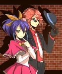  1girl alternate_costume bespectacled black_gloves blazer bow bowtie brick_wall dennis_macfield detective finger_to_mouth glasses gloves hair_bow hat hat_removed headwear_removed jacket necktie ponytail serena_(yuu-gi-ou_arc-v) short_hair yaharinaneanisu yuu-gi-ou yuu-gi-ou_arc-v 