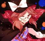  bow brown_eyes brown_hair cape clothes_writing glasses hat hat_bow highres long_sleeves one_eye_closed shirt skirt skirt_set smile solo touhou usami_sumireko yetworldview_kaze 