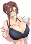  bare_shoulders black_bra blue_eyes bra breasts brown_hair glasses highres huge_breasts kloah long_hair looking_at_viewer open_clothes open_shirt shirt smile solo underwear 