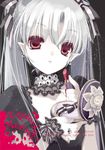  earrings grey_hair hair_ribbon hato_rami jewelry lace lipstick_tube long_hair looking_at_viewer original pointy_ears puffy_short_sleeves puffy_sleeves ribbon short_sleeves skull_earrings solo twintails 