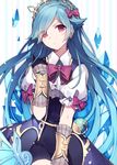  black_gloves blue_hair gauntlets gloves hijiri_(resetter) long_hair looking_at_viewer merc_storia pink_eyes puffy_short_sleeves puffy_sleeves rirea shirt short_sleeves skirt solo very_long_hair 