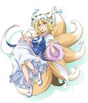  :o blonde_hair blush breasts buckle commentary_request floating fox_tail full_body hat kitsune large_breasts long_sleeves mizutani_hozumi mob_cap multiple_tails open_mouth pillow_hat red_eyes shoes socks solo tabard tail touhou white_background wide_sleeves yakumo_ran 