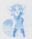  2015 anthro boots bottomless breasts chibi choker clothed clothing elbow_gloves female gloves hair half-dressed hand_on_hip kona laugh leggings legwear looking_at_viewer maid_uniform mammal markings monochrome nipples open_mouth pose pussy red_panda short_hair sketch smile solo spix standing thigh_highs topless traditional_media_(artwork) 
