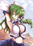  ;p armpits arms_up blue_sky breast_lift breast_squeeze breasts center_opening cleavage cloud collared_shirt day detached_sleeves frog_hair_ornament fumitsuki_(minaduki_6) gohei green_eyes green_hair hair_ornament kochiya_sanae large_breasts long_hair long_sleeves midriff navel one_eye_closed open_mouth parody rei_no_himo rope shimenawa shiny shiny_skin shirt shrine skindentation skirt skirt_set sky smile snake snake_hair_ornament solo tongue tongue_out touhou wide_sleeves 