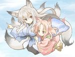  age_difference ahoge animal_ears blush_stickers breasts fox_ears fox_shadow_puppet fox_tail geta highres japanese_clothes kimono large_breasts long_hair multiple_girls multiple_tails open_mouth original pink_eyes pink_hair purple_eyes senhappyaku silver_hair sky smile tail 