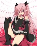  bare_shoulders black_dress blood boots detached_collar detached_sleeves dress fang flat_chest highres krul_tepes long_hair looking_at_viewer mudou_eichi no_panties owari_no_seraph pink_hair pointy_ears red_eyes ribbon slit_pupils smile solo thigh_boots thighhighs tongue tongue_out vampire very_long_hair 
