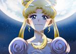  bangs bishoujo_senshi_sailor_moon blonde_hair blue_eyes collarbone double_bun earrings face gem hair_ornament hairclip holding jewelry maboroshi_no_ginzuishou moon moon_stick night night_sky parted_bangs pearl portrait princess_serenity sad sky solo tears tsukino_usagi tsurukame_(doku) wand 