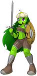  2015 alpha_channel armor breasts elpatrixf female flora_fauna freckles green_body green_hair green_skin hair holly long_eyelashes long_hair navel open_mouth paladin pauldrons plain_background plant purple_eyes shield small_breasts solo sword transparent_background weapon 