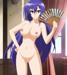  1girl blue_hair breasts fan female kurokami_medaka large_breasts long_hair looking_at_viewer medaka_box navel nipples nude nude_filter photoshop purple_hair pussy red_eyes smile uncensored 